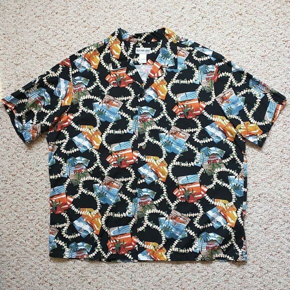VTG Aloha Line Button Hawaiian Shirt Men XL Floral Car Surfing Palm Colorful 27" - Picture 1 of 8